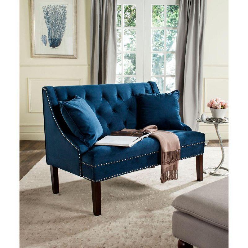 Navy Velvet Tufted Settee with Nailhead Trim and Wood Accents