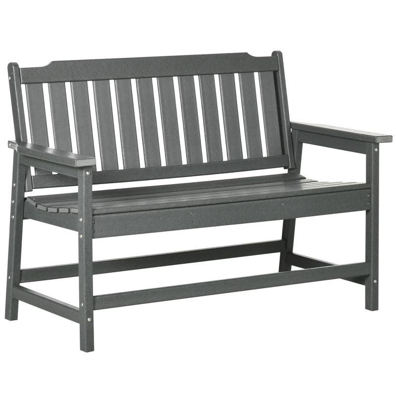 Outsunny Outdoor Bench, 2-Person Park Style Garden Bench with All-Weather HDPE, 704 lbs. Weight Capacity, Slatted Back & Armrests, Dark Gray