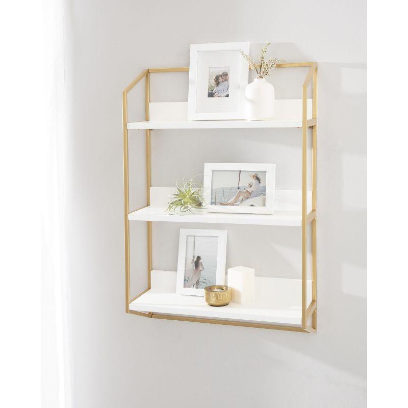 Elegant White and Gold 3-Tier Floating Wooden Wall Shelf