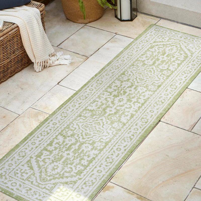 2' x 8' Sinjuri Medallion Textured Weave Indoor/Outdoor Runner Rug, Green/Cream - JONATHAN Y