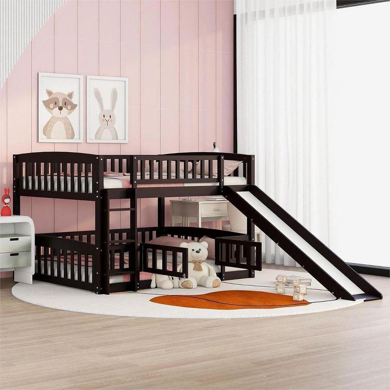 Streamdale Bunk Bed With Slide, Full Over Full Low Bunk Bed With Fence And Ladder For Toddler Kids Teens, Espresso