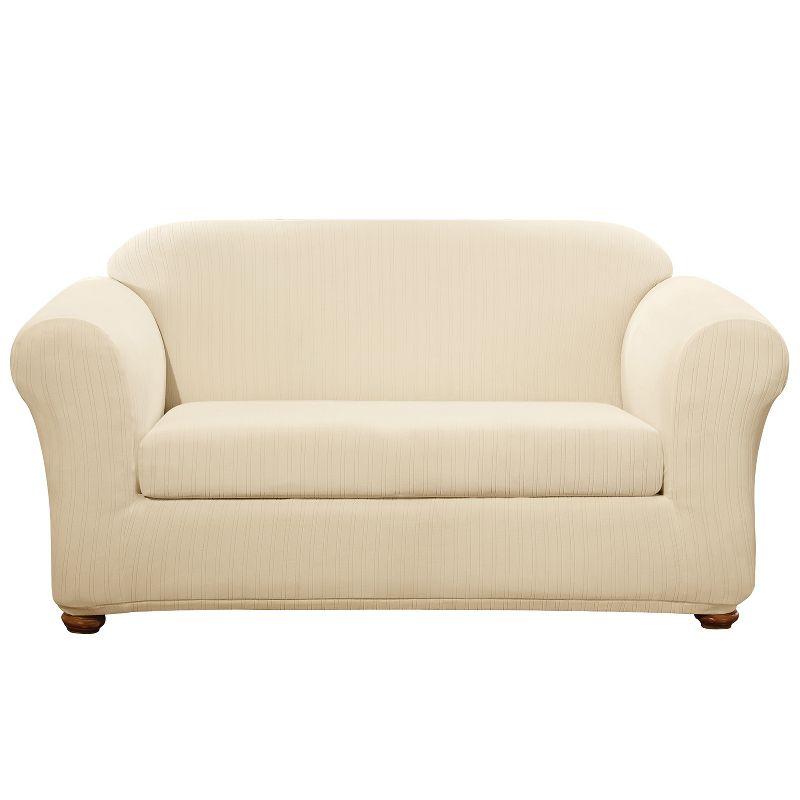 Modern Cream Stretch Pinstripe Loveseat Slipcover