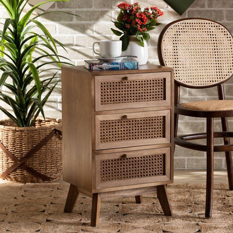 Baden Wood with Rattan 3 Drawer Nightstand Walnut Brown - Baxton Studio: Bohemian Style Bedside Table, MDF & Paulownia Frame