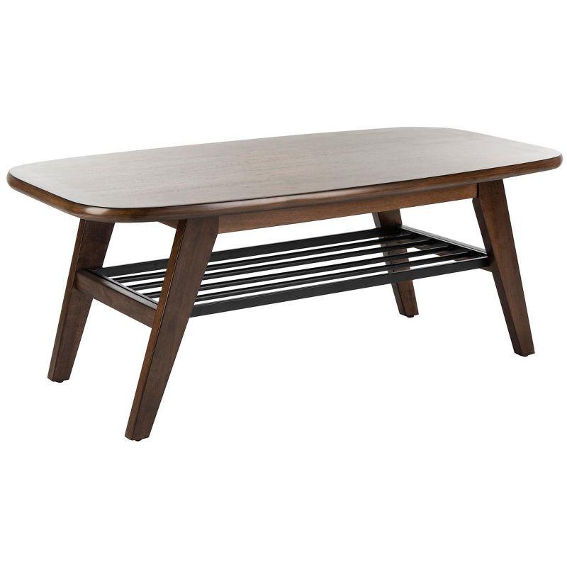 Transitional Dark Walnut Rectangular Coffee Table with Black Metal Storage Rack