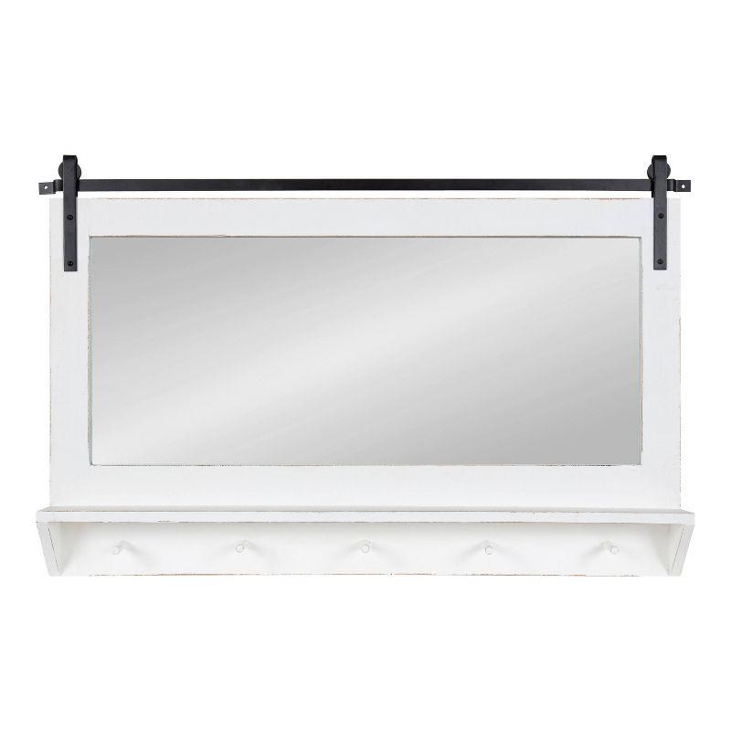 White Rectangular Wood Wall Mirror with Shelf and Hooks