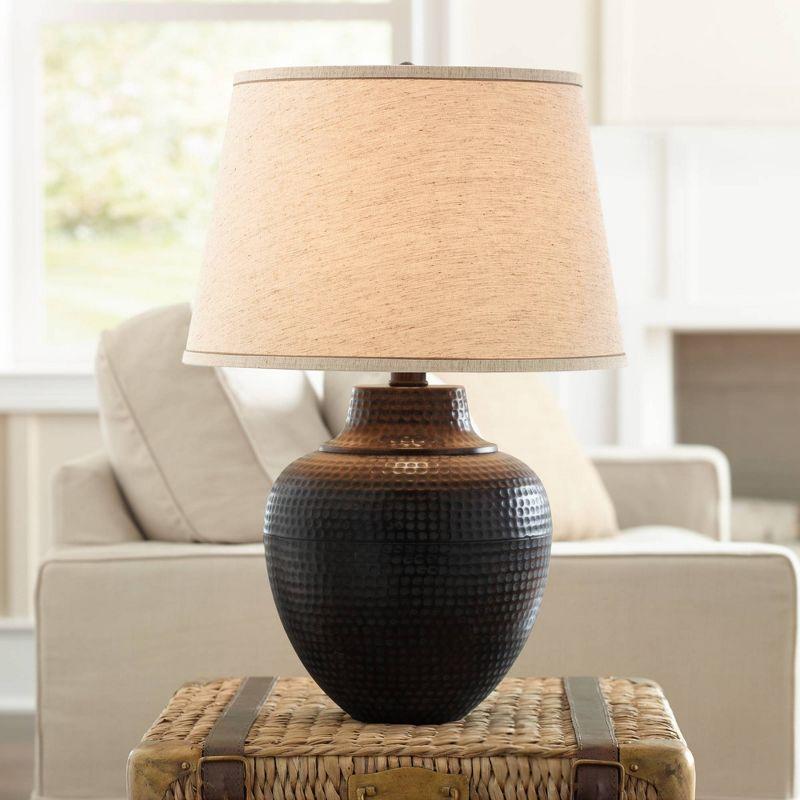 Brighton Hammered Bronze Table Lamp with Beige Linen Shade