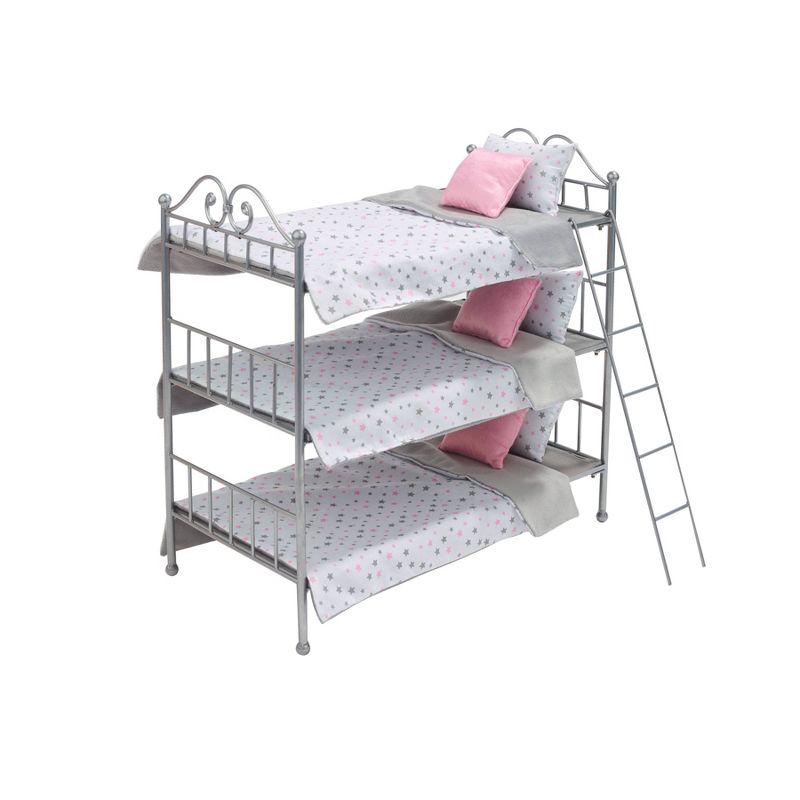 Badger Basket Scrollwork Triple Doll Bunk Bed with Ladder and Bedding
