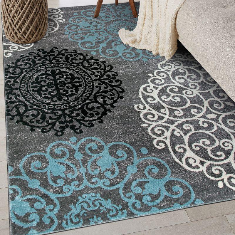 Gray and Blue Floral Synthetic Low Pile Area Rug