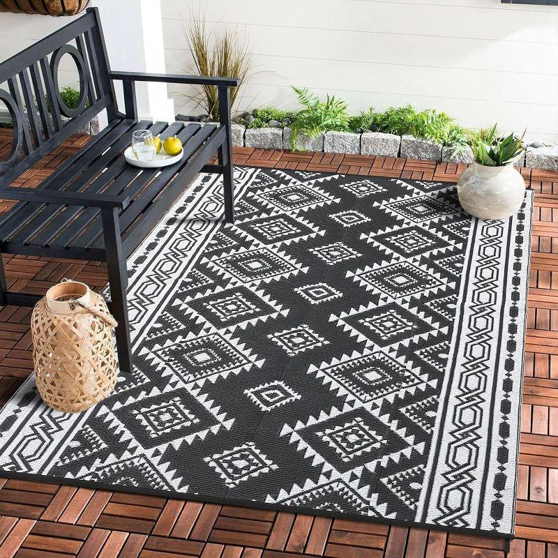 Reversible Mats, Plastic Straw Rug, Modern Area Rug, Large Floor Mat for Outdoors, RV, Patio, 9*12ft/black white: UV Protected, Quick Dry, All-Weather