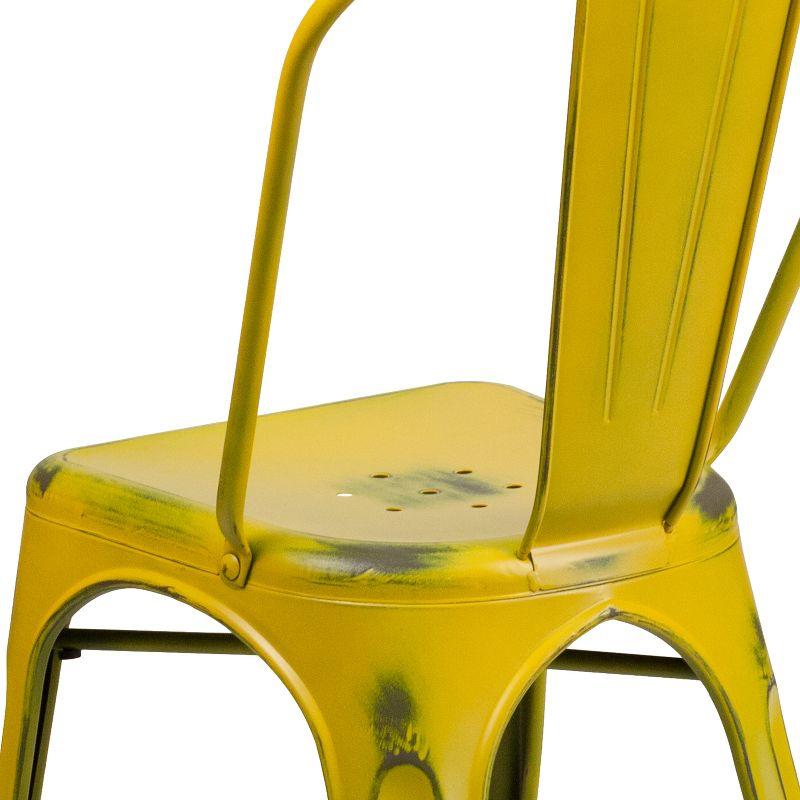 Distressed Yellow Metal Armless Indoor-Outdoor Stackable Chair