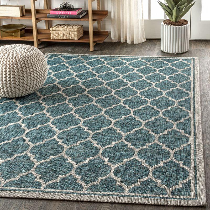 3'x5' Trebol Moroccan Trellis Textured Weave Indoor/Outdoor Area Rug, Teal/Gray - JONATHAN Y