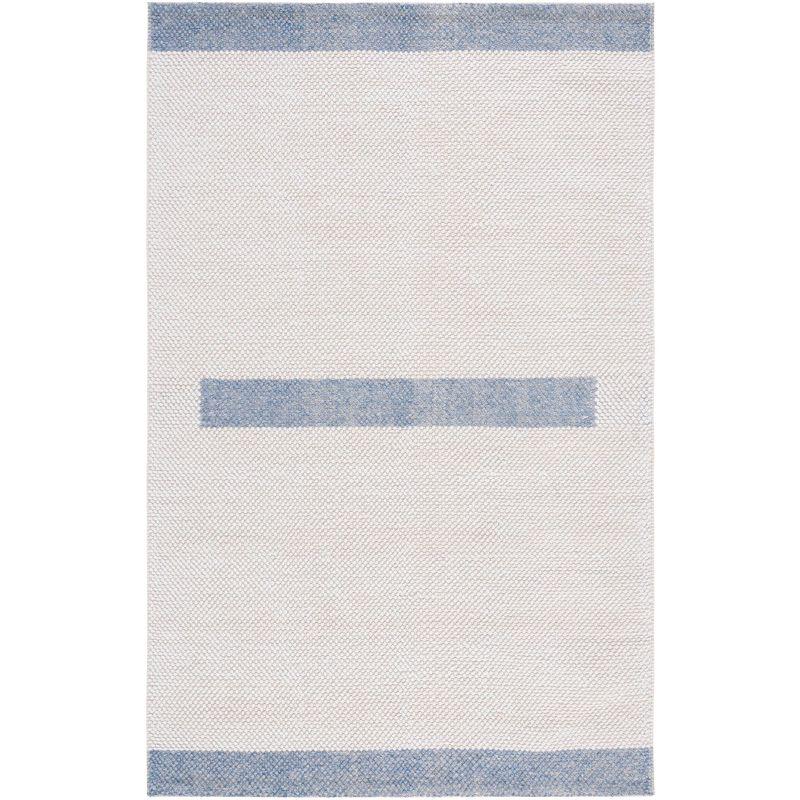 Ivory and Blue Handwoven Wool Area Rug 4' x 6'