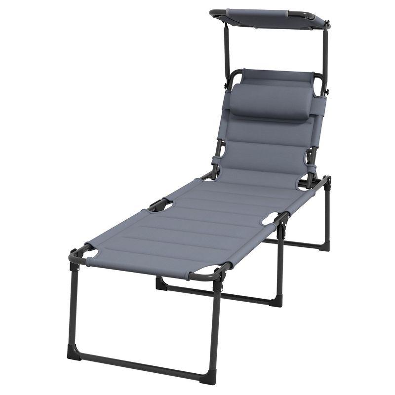 Outsunny Outdoor Lounge Chair, 4 Position Adjustable Backrest Folding Lounge, Cushioned Tanning Chair w/ Pillow Headrest