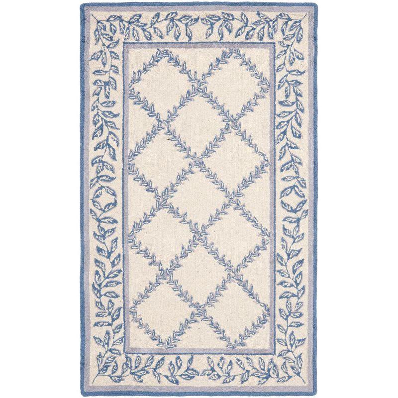 Ivory and Blue Hand-Hooked Wool Floral Area Rug 10' x 14'