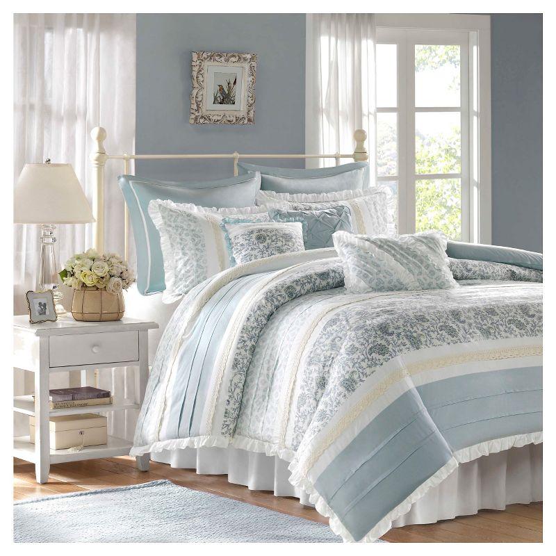 King Baby Blue Cotton Pintuck Ruffled Duvet Cover Set