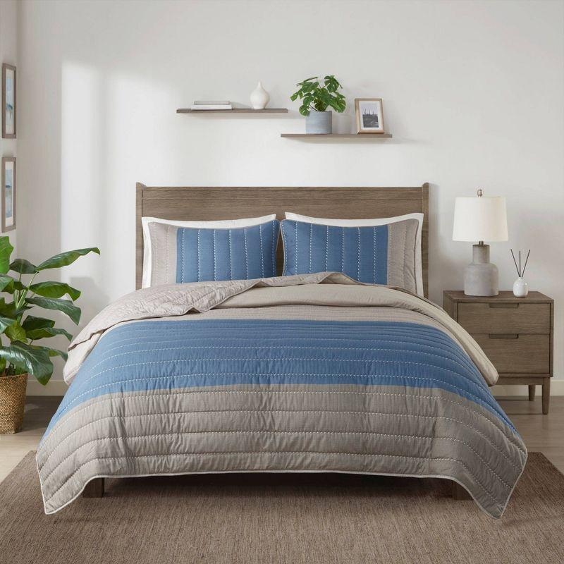 Blue and Taupe Reversible Microfiber Full Quilt Set