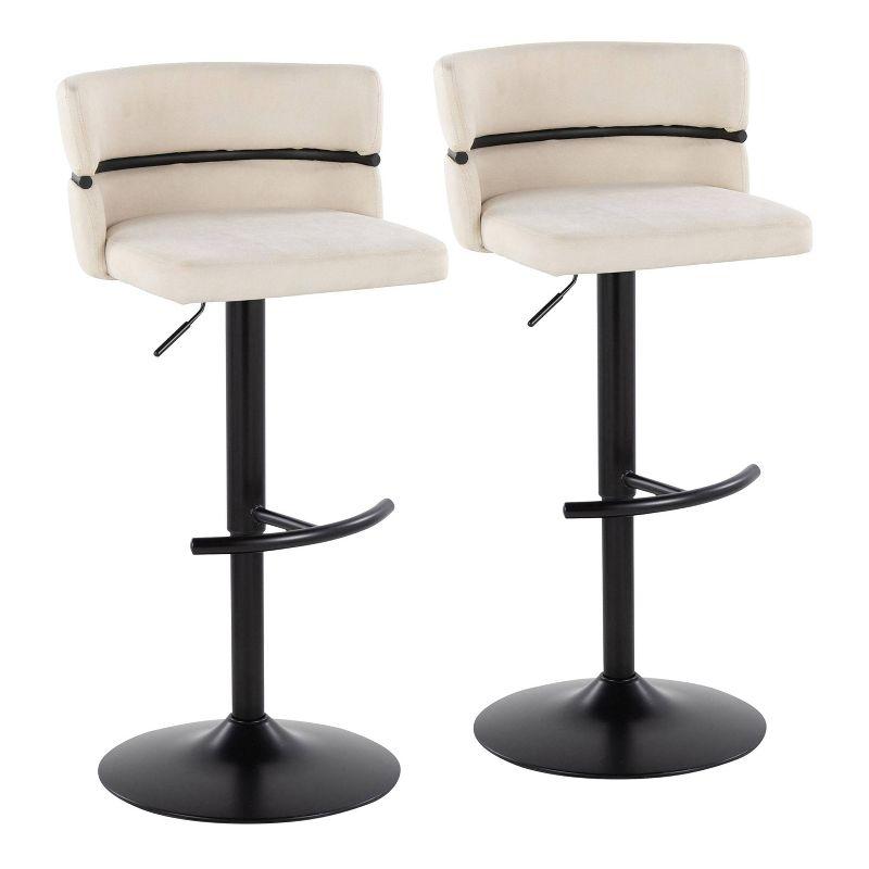 Set of 2 Adjustable Cream Fabric Swivel Barstools with Black Metal Base