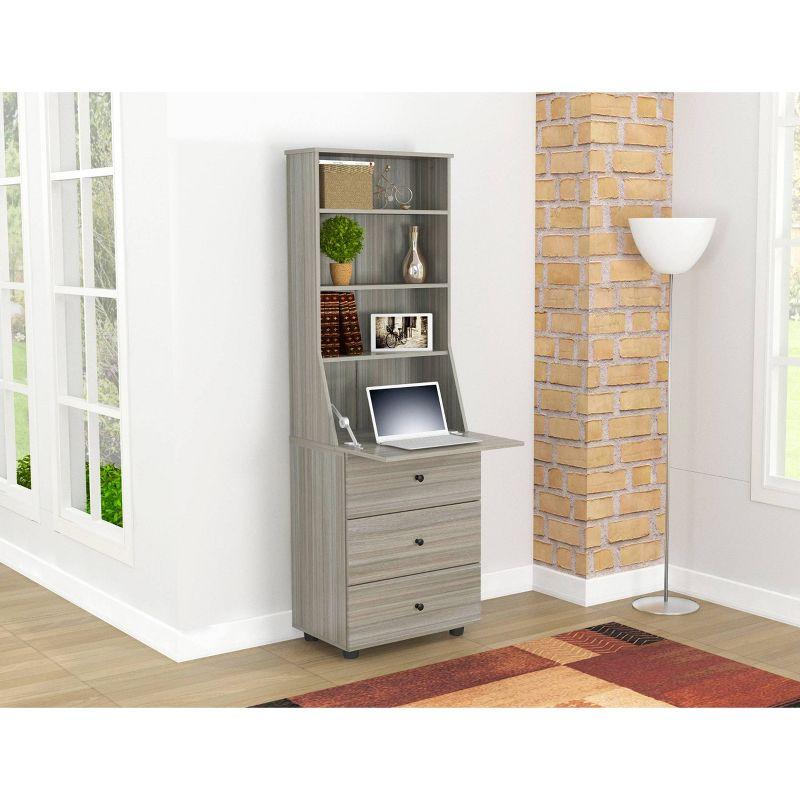 Smoke Oak Foldable Secretary Desk with Hutch and Drawers
