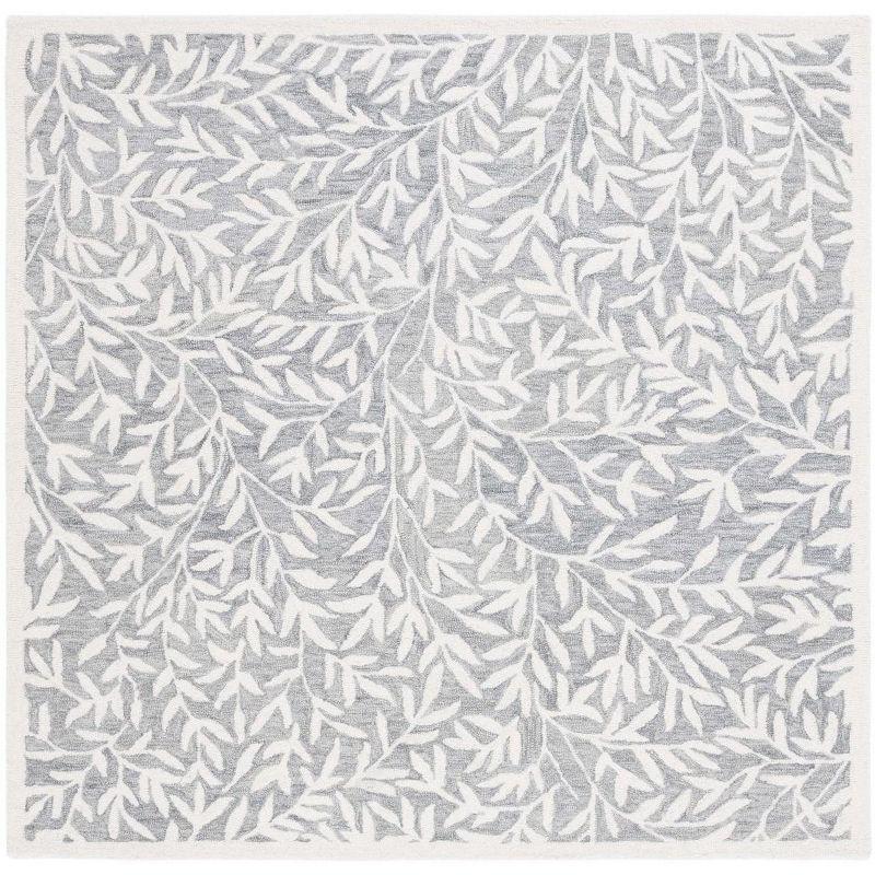 Gray Floral Handmade Wool Square Area Rug, 6' x 6'