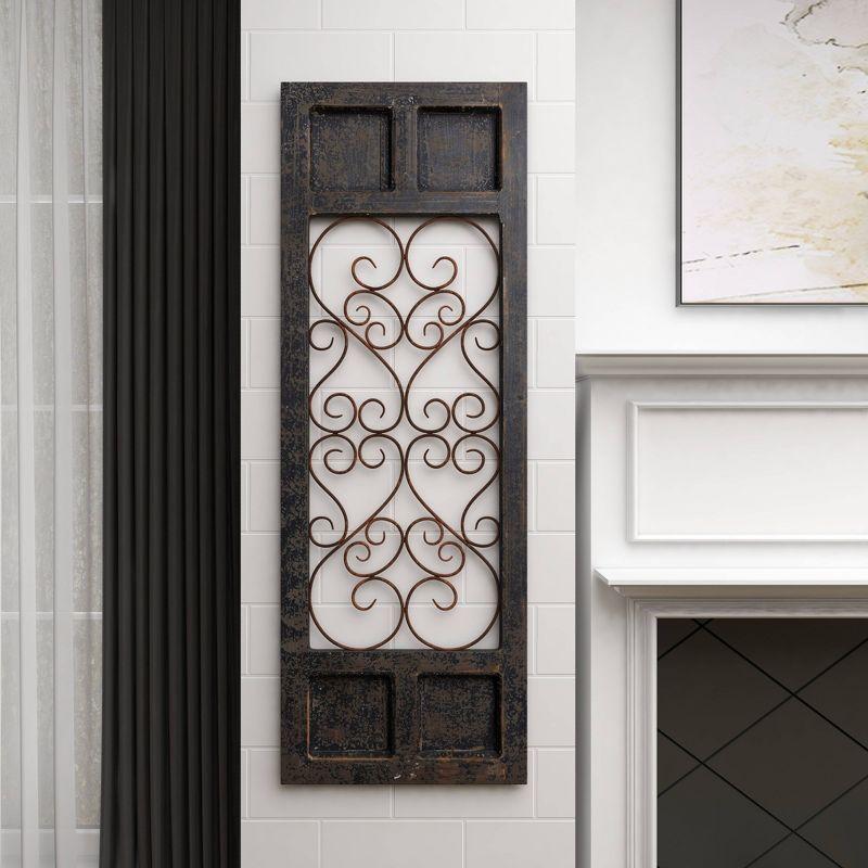 Olivia & May Traditional Wood Scroll Window Inspired Wall Decor with Metal Scrollwork Relief Brown: Vertical Iron Frame, Carved Art Object