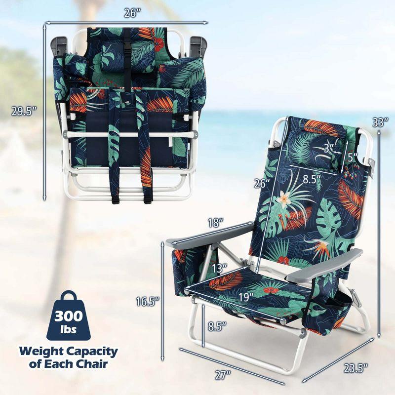 Costway 4-Pack Folding Backpack Beach Chair 5-Position Outdoor Reclining Chairs with Pillow Dark Green