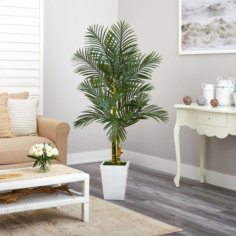 Nearly Natural 5.5-ft Golden Cane Artificial Palm Tree in White Metal Planter
