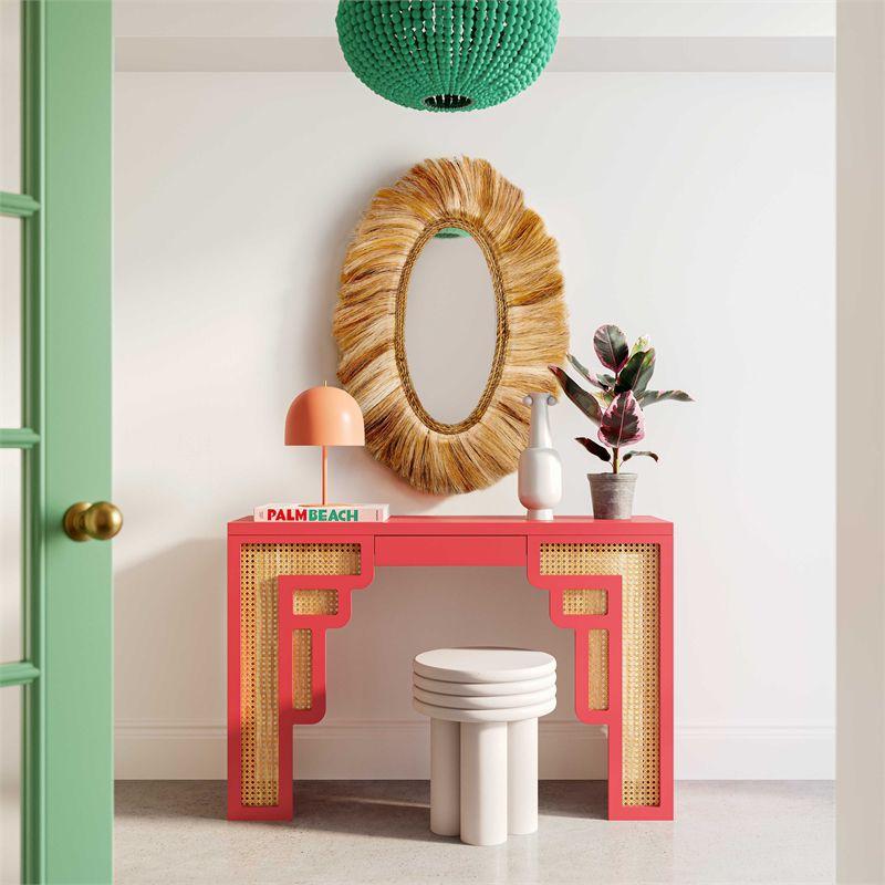 Coral Pink and Rattan Rectangular Console Table with Storage