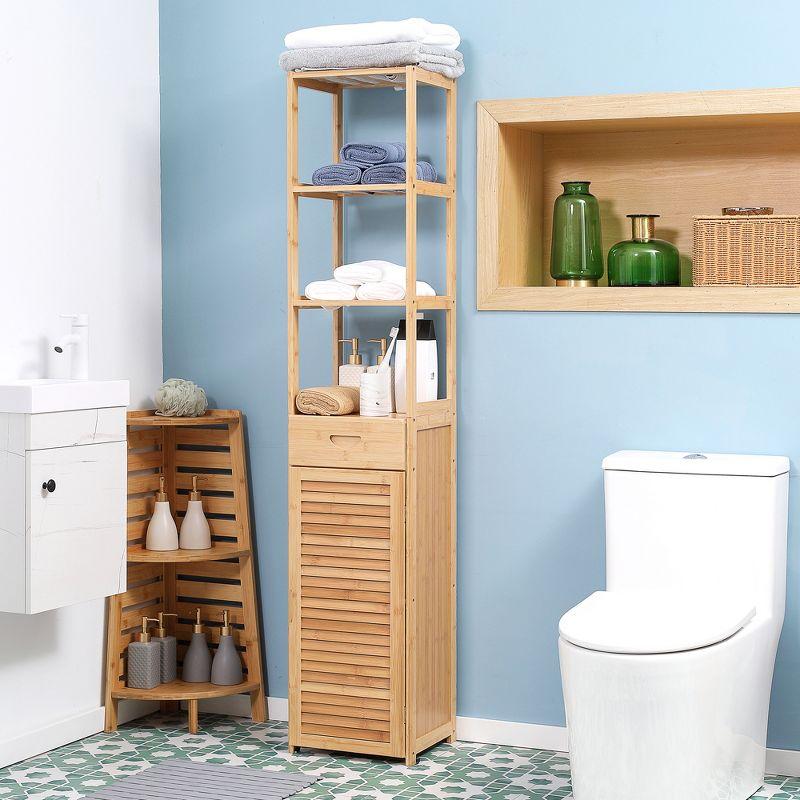 kleankin Tall Bathroom Cabinet with Drawer and Slatted Shelves, Slim Bamboo Linen Tower with Louvered Door, Natural