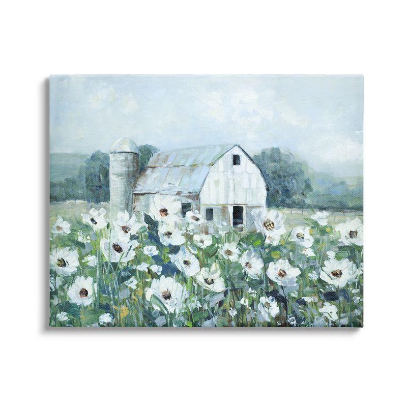 White Barn and Flower Meadow Canvas Wall Art