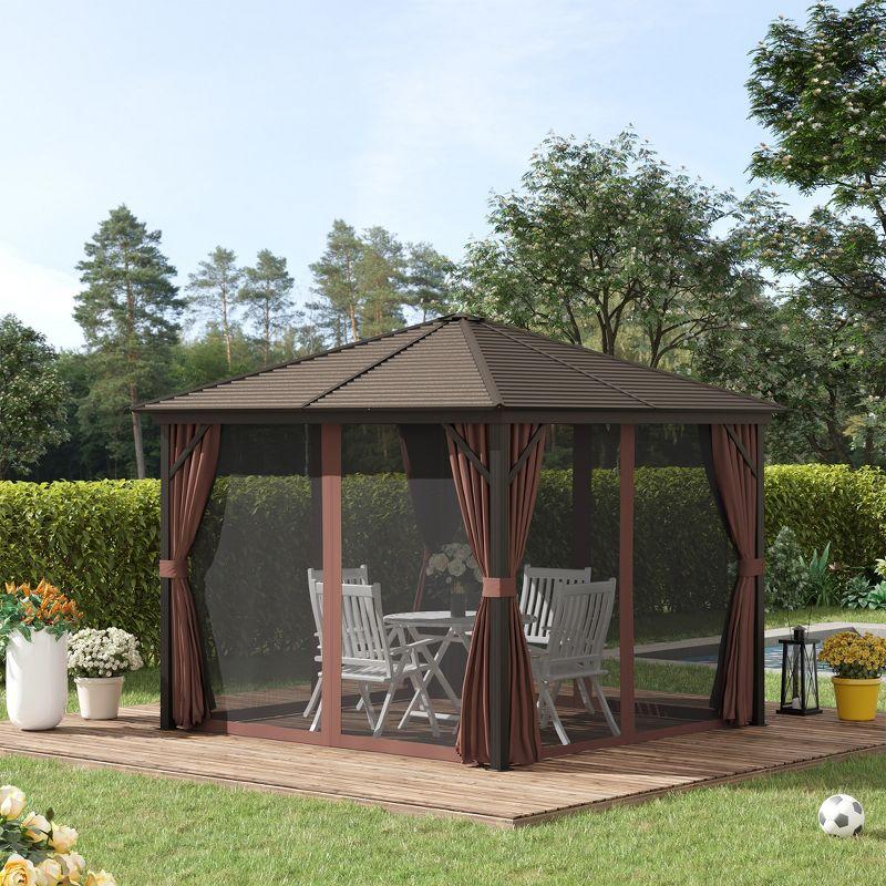 Outsunny 10x10 Dark Brown Aluminum and Steel Hardtop Gazebo with Curtains