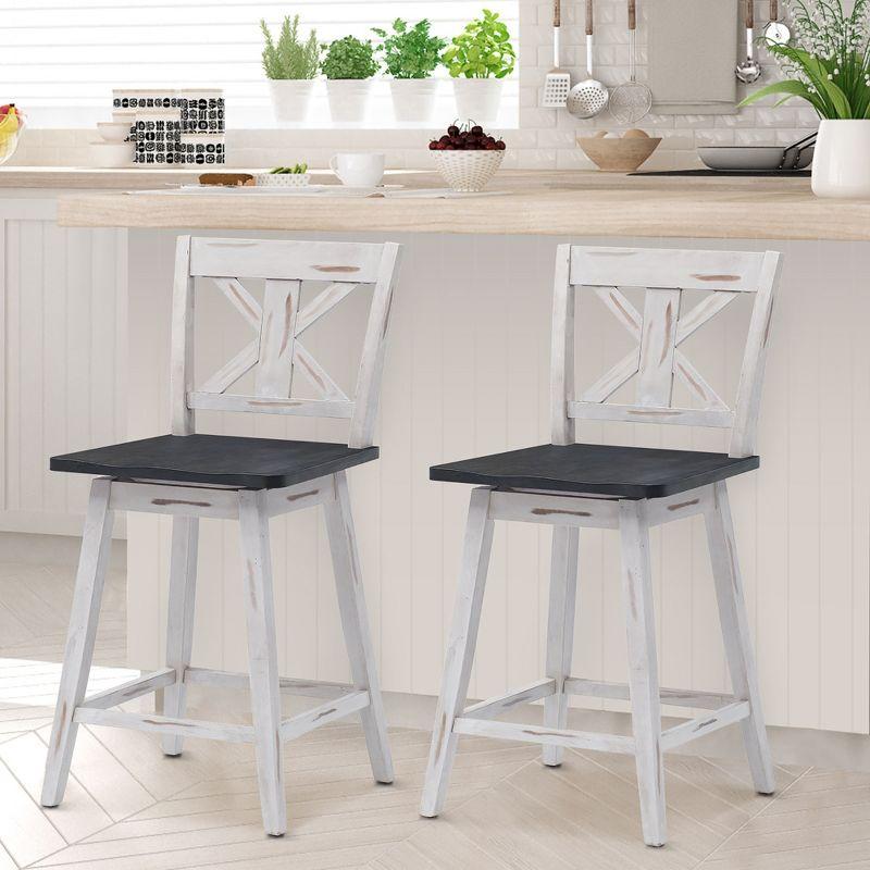 Costway Set of 2 Bar Stools Swivel Counter Height Chair w/ Solid Wood Legs White\Black