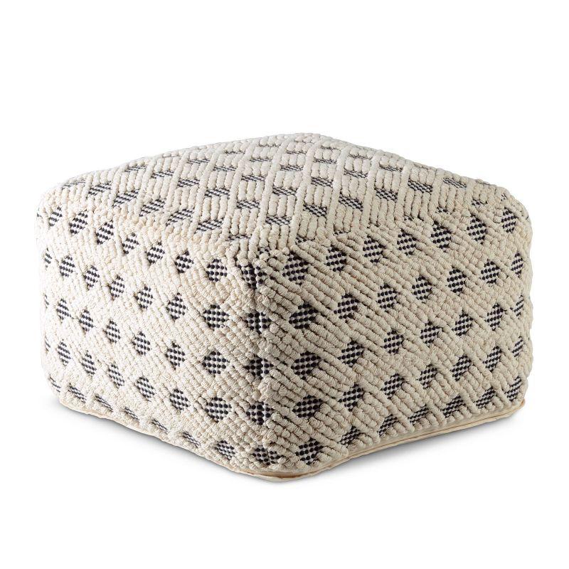 Transitional Black and Cream Handwoven Square Pouf