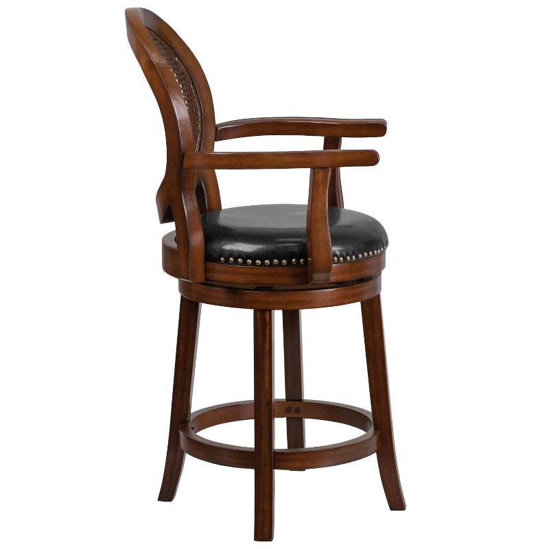 Merrick Lane 26" Swivel Counter Stool with Oval Rattan Back, Arms and Black Faux Leather Upholstered Swivel Seat in Espresso