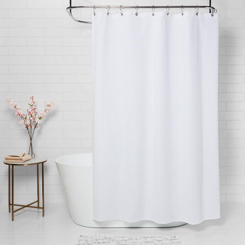 White Waffle Weave Fabric Shower Curtain