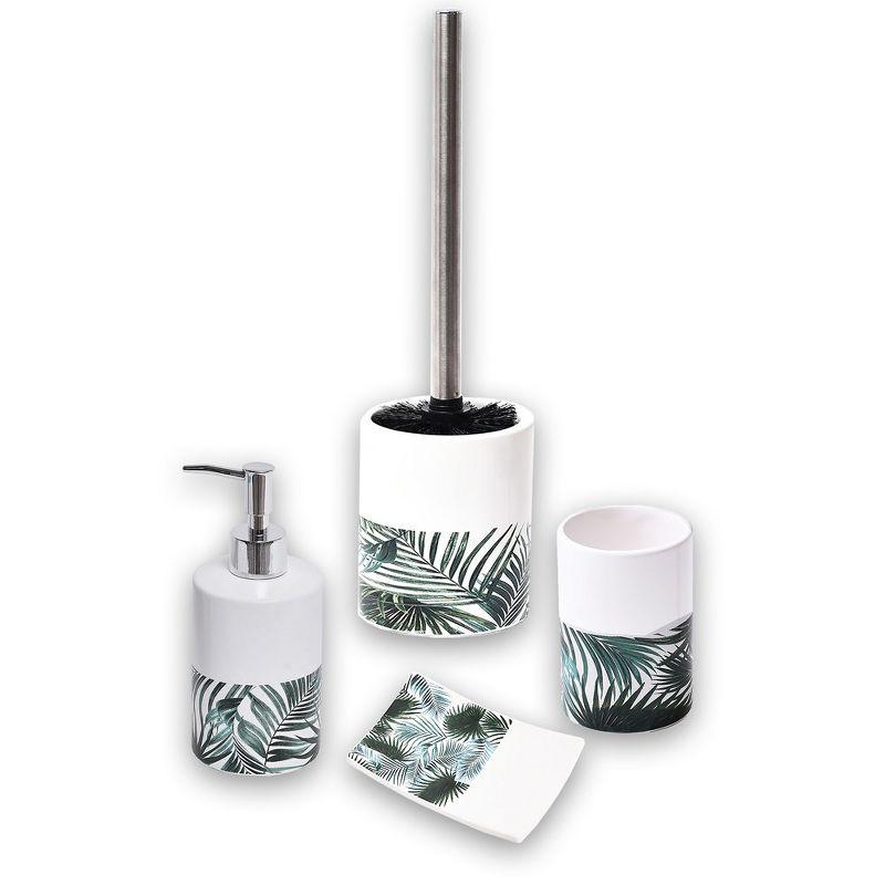 Tropical Leaf Ceramic and Wood 4-Piece Bathroom Accessory Set