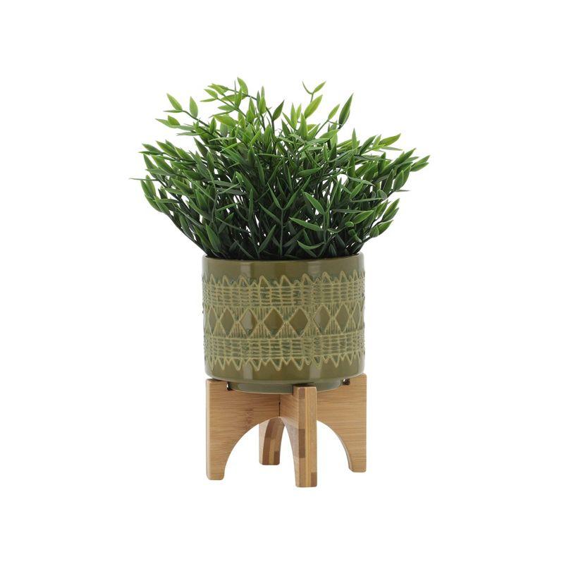 Geometric Ceramic Planter on Wooden Stand - Sagebrook Home