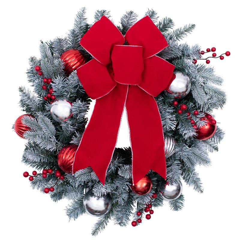 Haute Décor 24in Pre-Lit LED Flocked Wreath: Christmas Outdoor/Indoor Wreath, 50 White Lights, Faux Berries & Bow