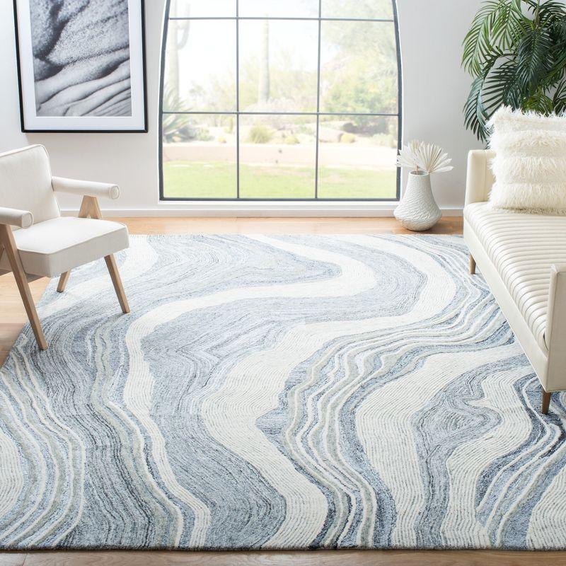 Gray and Ivory Abstract Wool Silk Square Rug