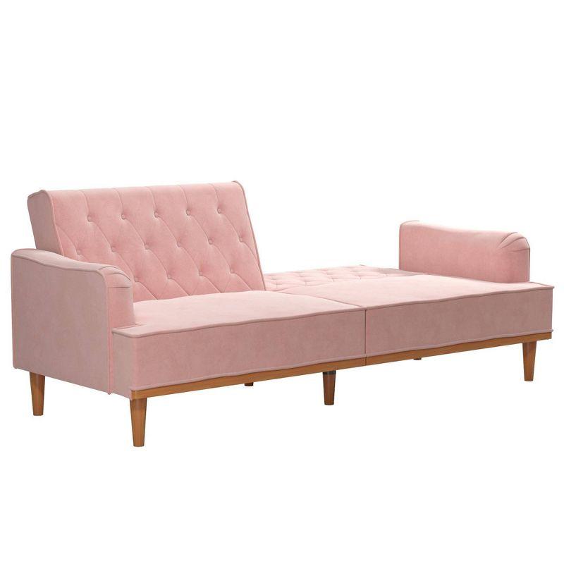 Stella Vintage Pink Velvet Convertible Sofa Bed with Wood Trim