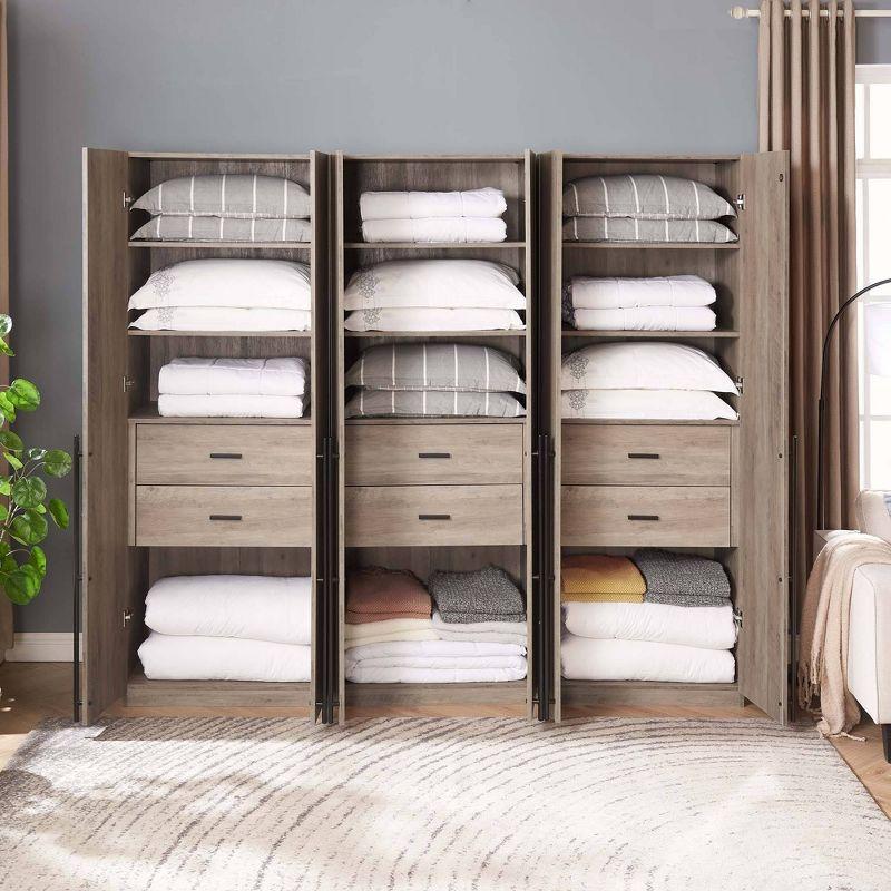 Manhattan Comfort Set of 3 Lee 2 Door and 2 Drawer Wardrobe Closets Rustic Gray: Modern MDF Storage, Metal Hardware, 12 Shelves