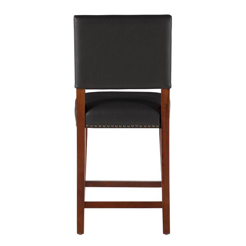 24" Brook Padded Back Faux Leather Nailhead Counter Height Barstool Black - Linon: Cherry-Stained Legs, Footrails
