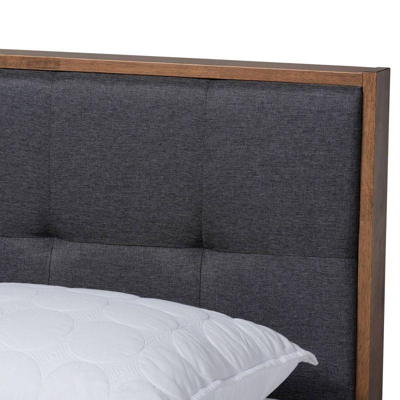 Mid-Century Modern Dark Grey Upholstered Queen Bed with Walnut Frame