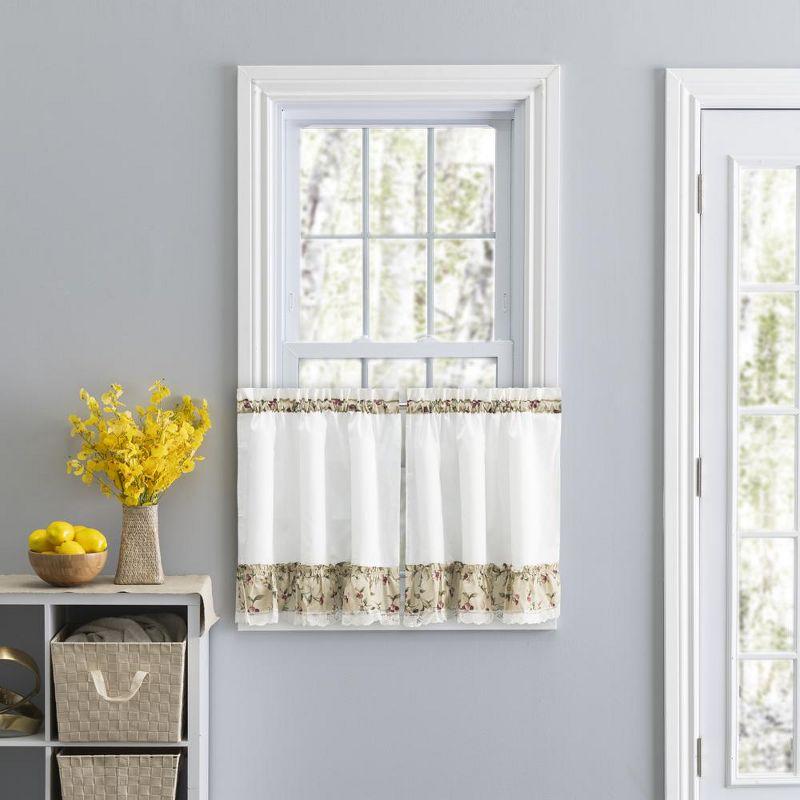 Ellis Curtain Cherries Ruffled 1.5" Rod Pocket Window Curtain Tiers Natural