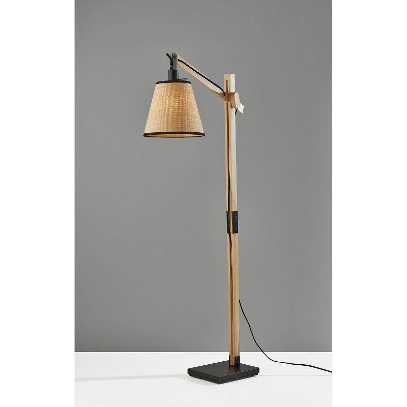 Adjustable Black Metal and Natural Wood Floor Lamp