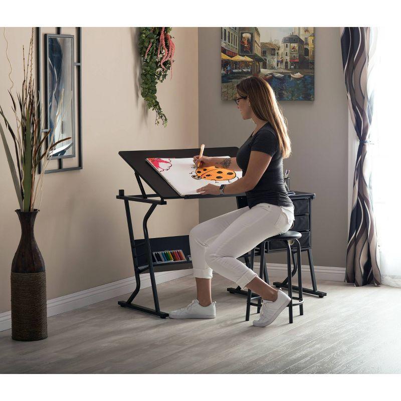 Studio Designs Home 2pc Eclipse Ultra Center/Drawing Table with Angle Adjustable Top, Storage Shelf, and Drawers with Padded Stool Set Black