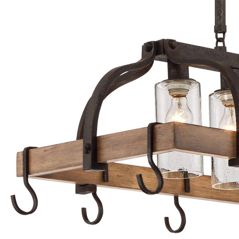 Eldridge Bronze and Wood Pot Rack Chandelier with Seeded Glass