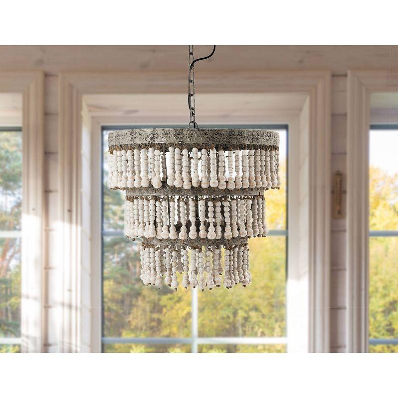 3-Tier Round Metal Chandelier with 3 Lights and Hanging Wood Beads Cream - Storied Home: Antique Bohemian Ceiling Fixture, UL Listed