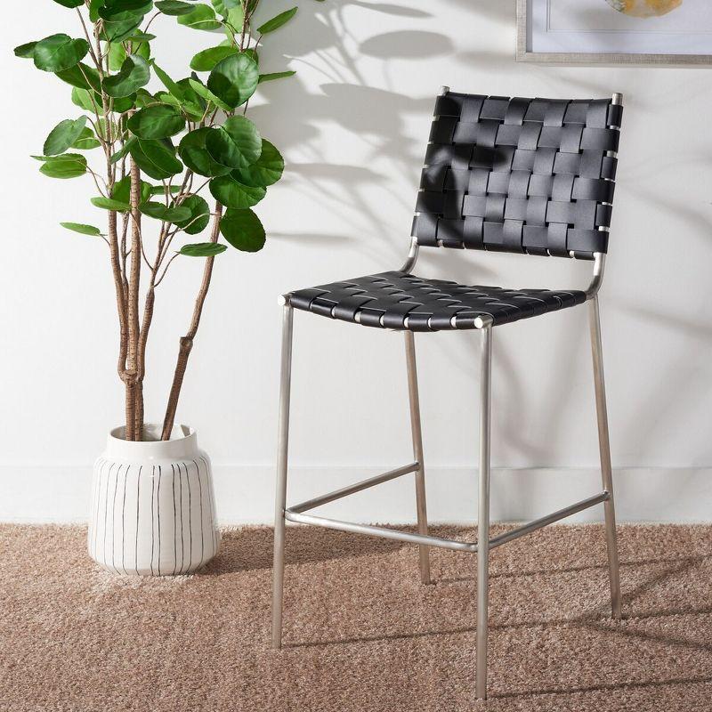 Saddle Style Black Leather Counter Stool with Silver Metal Base