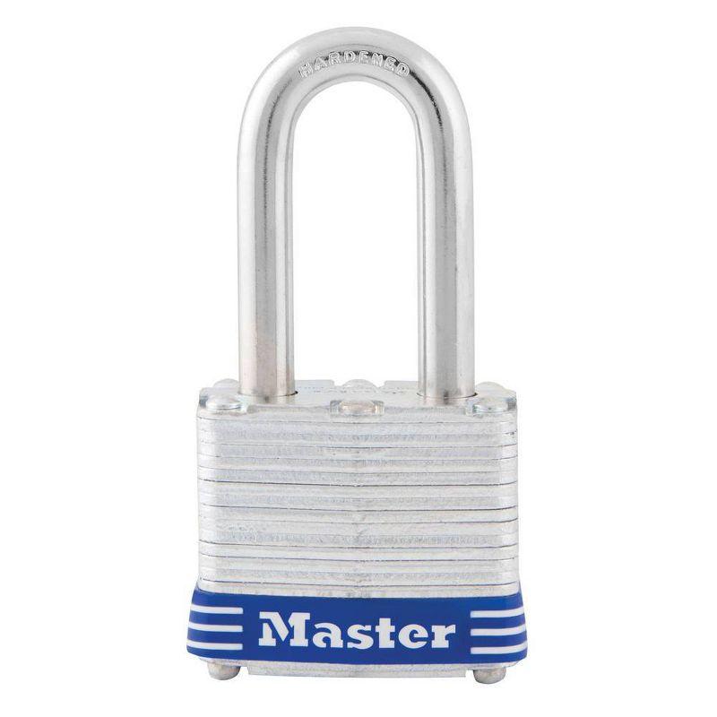 Master Lock Shackle 1 9/16" Key Padlock: Steel, Pin-Tumbler, Outdoor Gate Use, Automatic Locking, Silver, Storage Lock