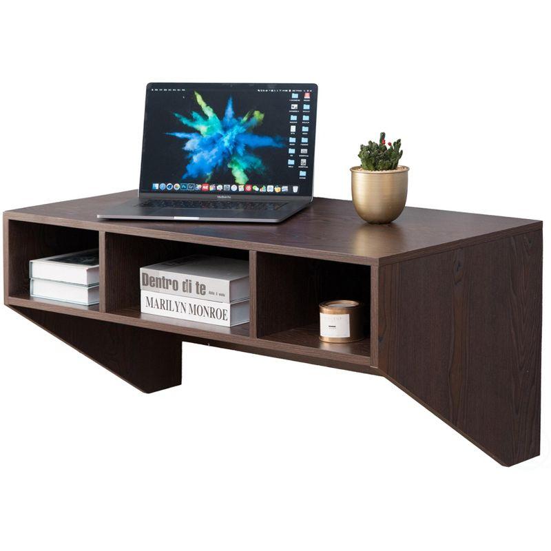 Brown Wall Mounted Wood Hanging Desk with Storage Compartments